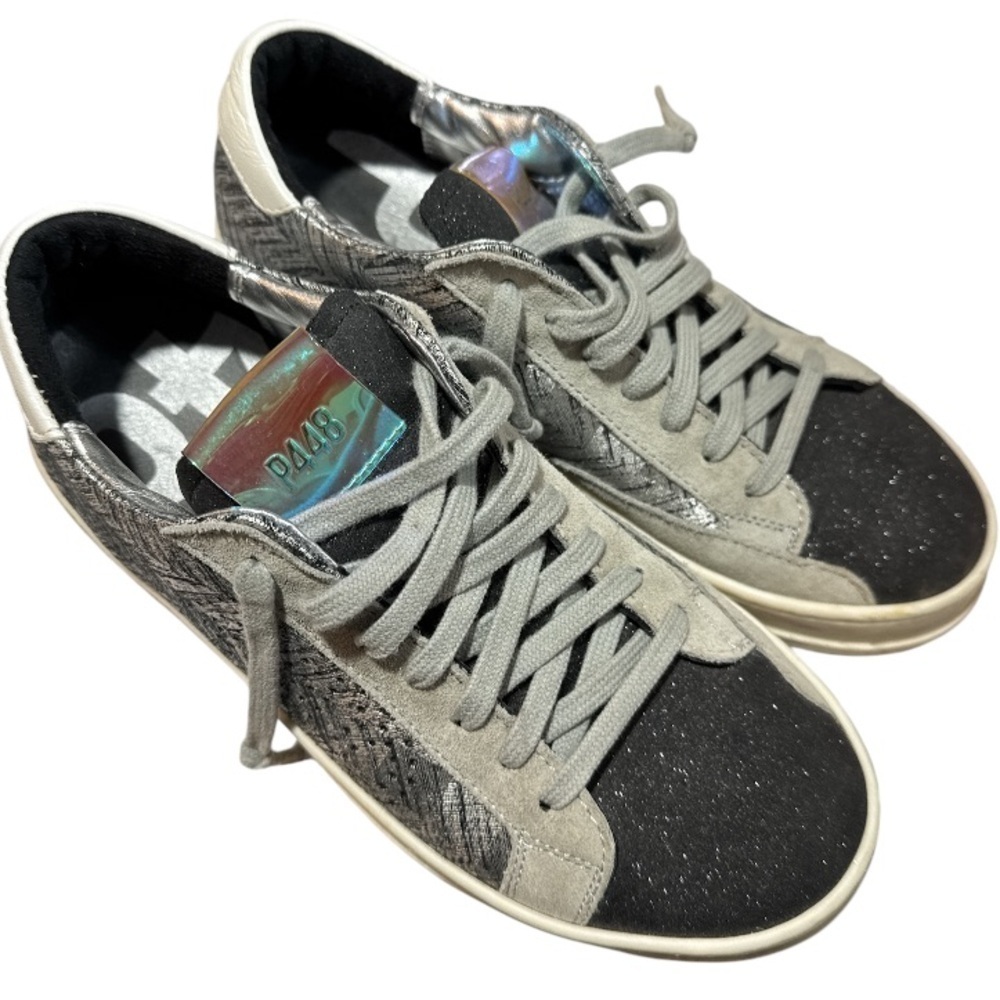 P448 sneakers size 5 Made to look worn silver gray black tartan John